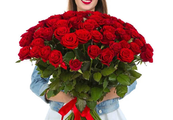 Young Woman Bouquet Roses White Background Closeup — Stock Photo, Image