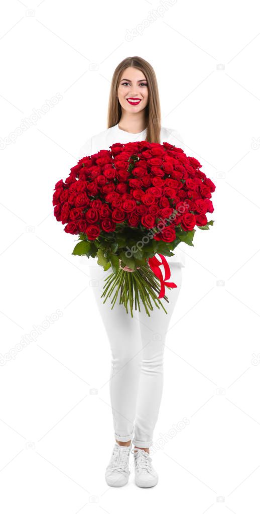 Full length portrait of beautiful woman with bouquet of roses on white background