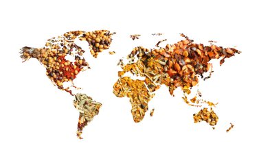 Beyaz arka plan üzerinde farklı aromatik baharat dünya haritası. Yaratıcı koleksiyonu