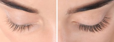 Young woman before and after eyelash extension procedure, closeup clipart