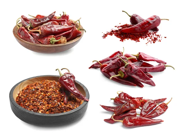 Set Med Torr Chilipeppar Vit Bakgrund — Stockfoto