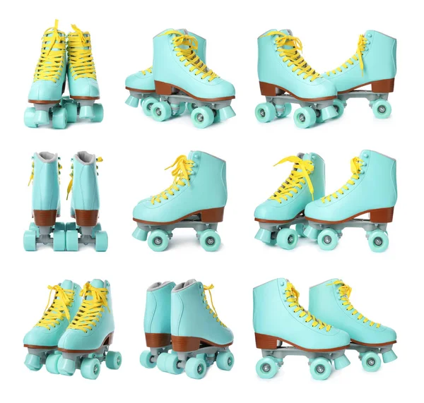 Ensemble Avec Des Patins Roulettes Quad Élégants Sur Fond Blanc — Photo