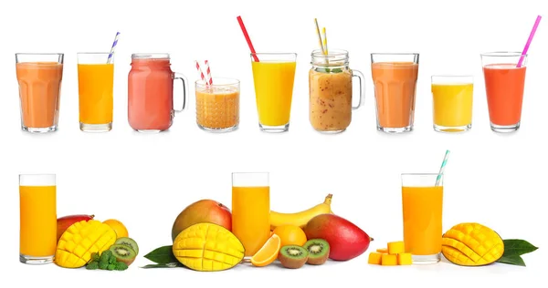 Set Frischer Gesunder Getränke Mit Mango Auf Weißem Hintergrund — Stockfoto
