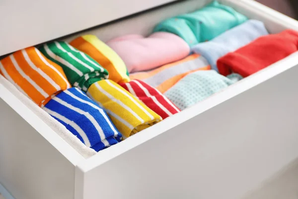 Many Different Colorful Socks Open Drawer Closeup — Stock Photo, Image