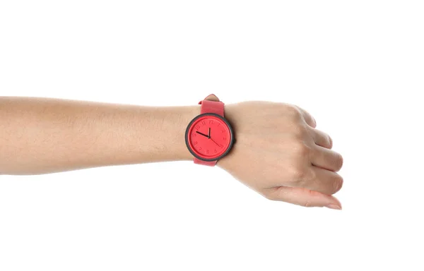 Frau Mit Stylischer Armbanduhr Auf Weißem Hintergrund Nahaufnahme Zeitmanagement — Stockfoto