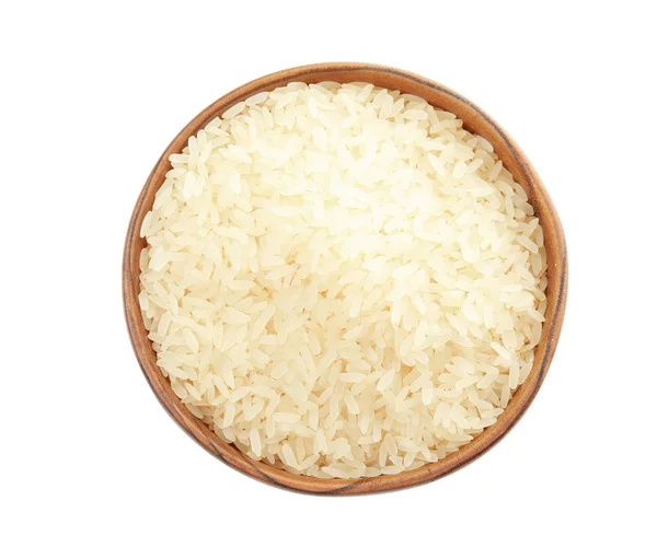 Bowl Uncooked Rice White Background Top View — Stock Photo, Image