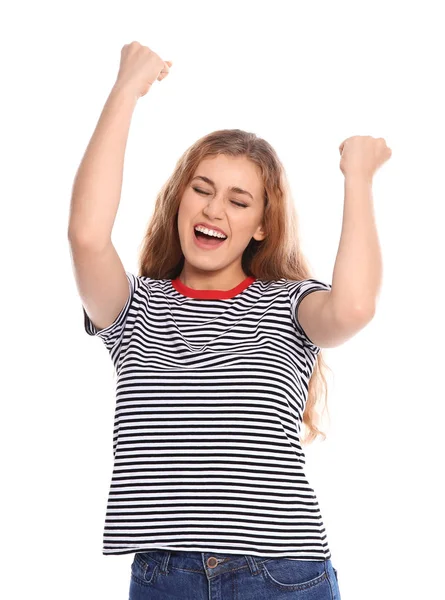 Счастливая Молодая Женщина Празднует Победу Белом Фоне — стоковое фото