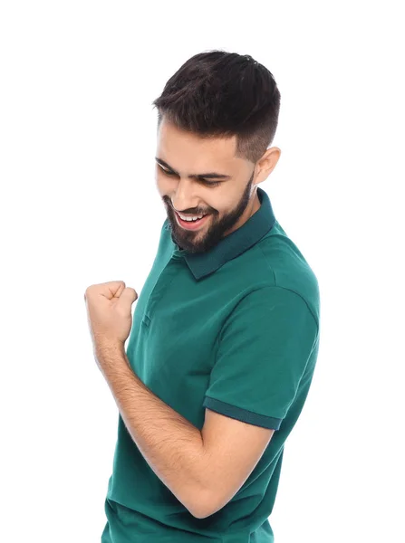 Jovem Feliz Celebrando Vitória Fundo Cor — Fotografia de Stock