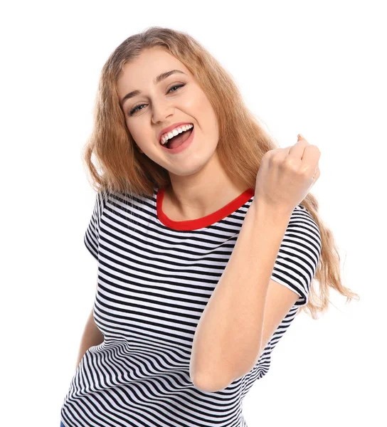 Jovem Feliz Celebrando Vitória Fundo Branco — Fotografia de Stock