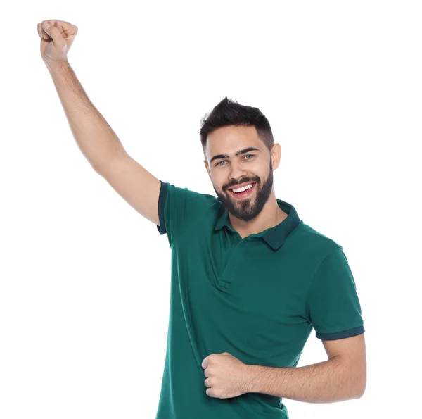 Jovem Feliz Celebrando Vitória Fundo Cor — Fotografia de Stock