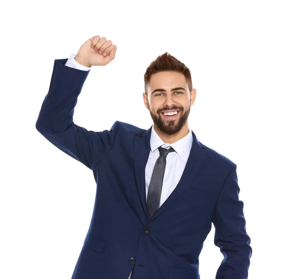 Happy Young Man Celebrating Victory Color Background — Stock Photo, Image