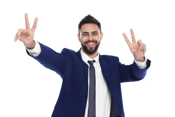 Feliz Joven Celebrando Victoria Fondo Color — Foto de Stock