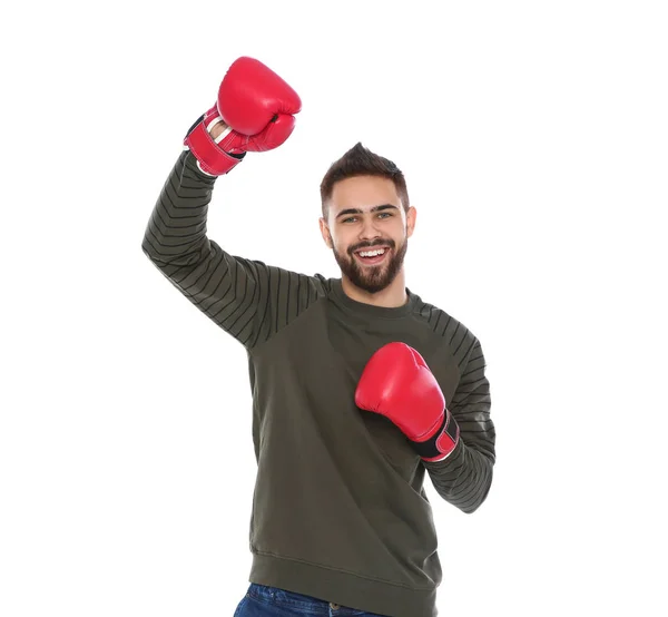 Feliz Joven Celebrando Victoria Fondo Color — Foto de Stock