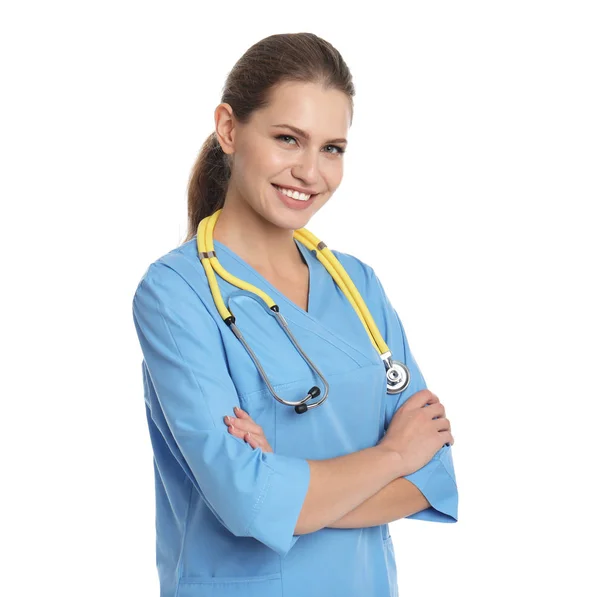 Ritratto Giovane Assistente Medico Con Stetoscopio Sfondo Bianco — Foto Stock