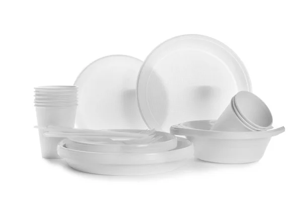 Műanyag Étkészlet Elszigetelt Fehér Piknik Táblázat Beállítása — Stock Fotó