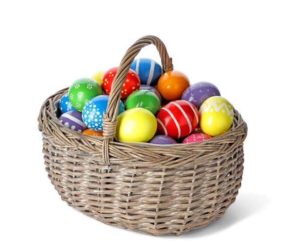 Decorated Easter Eggs Wicker Basket White Background Royalty Free Stock Photos