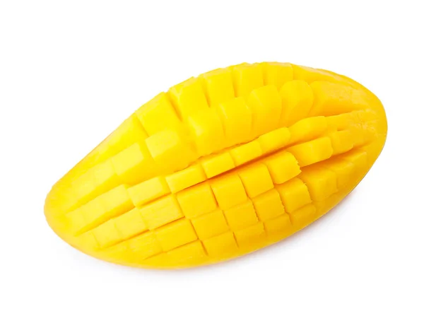 Frische Saftige Mango Hälfte Auf Weißem Hintergrund Draufsicht — Stockfoto