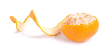 Peel and ripe tangerine on white background. Citrus fruit clipart