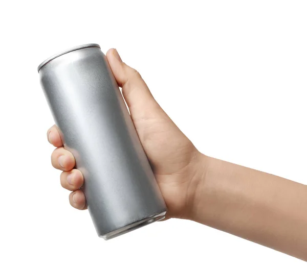 Vrouw Bedrijf Aluminium Kan Met Drank Witte Achtergrond Close Mockup — Stockfoto