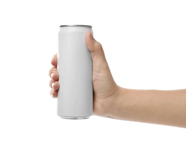 Vrouw Bedrijf Aluminium Kan Met Drank Witte Achtergrond Close Mockup — Stockfoto