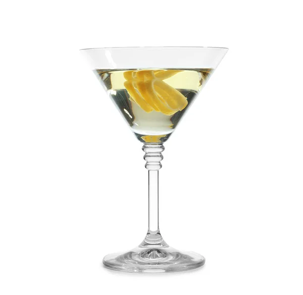 Verre Cocktail Martini Avec Zeste Citron Sur Fond Blanc — Photo