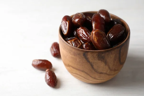 Cuenco Con Fechas Dulces Mesa Espacio Para Texto Fruta Seca — Foto de Stock