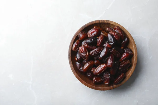 Bowl Sweet Dates Grey Background Top View Space Text Dried — Stock Photo, Image