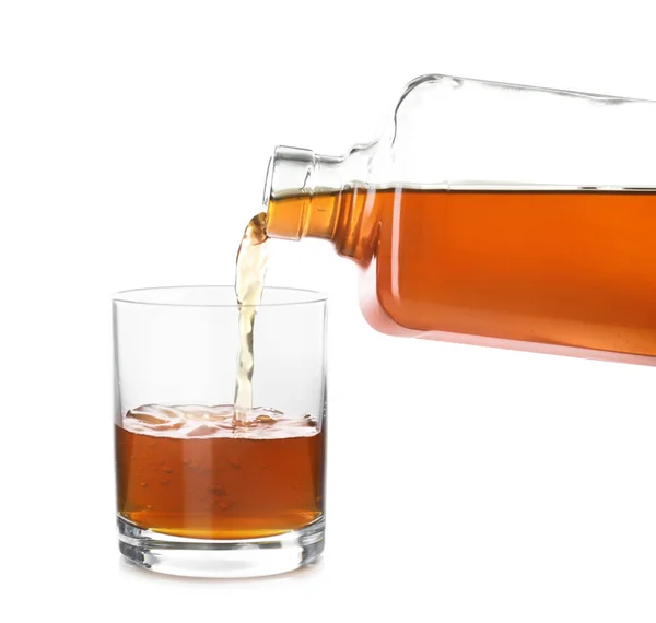 Pouring Expensive Whiskey Glass White Background — Stock Photo, Image