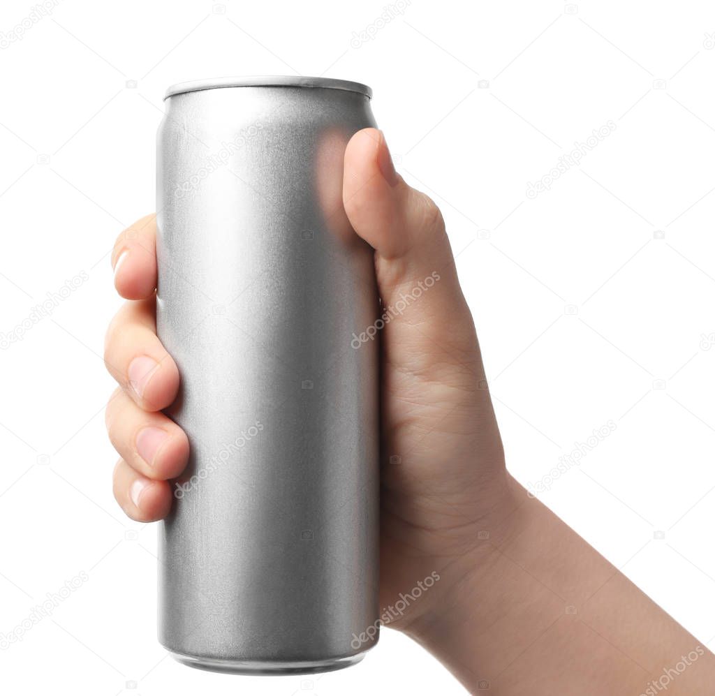 Woman holding aluminum can with beverage on white background, closeup. Mockup for design