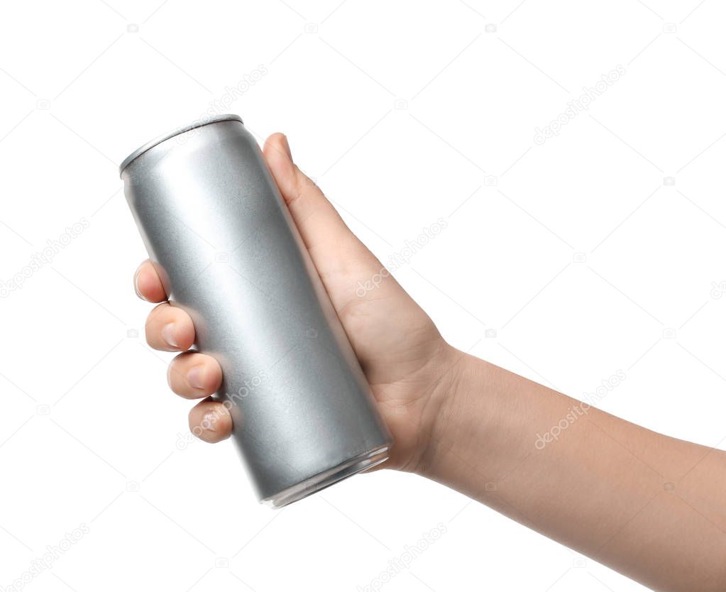 Woman holding aluminum can with beverage on white background, closeup. Mockup for design