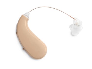 Beyaz arka plan üzerinde işitme cihazı. Tıbbi cihaz