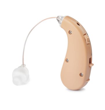 Beyaz arka plan üzerinde işitme cihazı. Tıbbi cihaz
