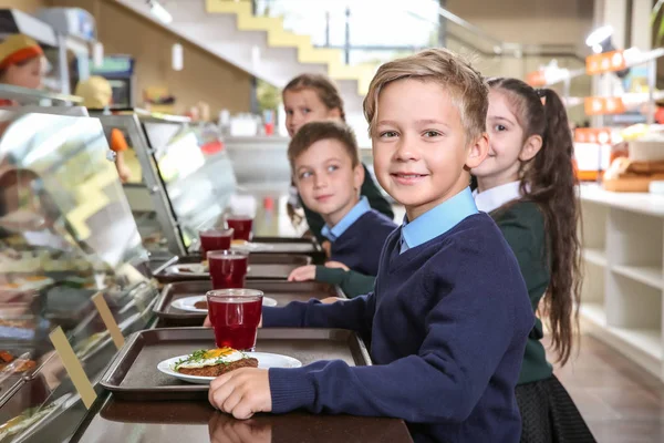 Cute Boy Holding Tray Healthy Food School Canteen — Stock Photo, Image