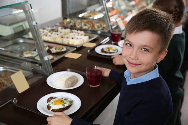 Cute Boy Holding Tray Healthy Food School Canteen — Stock Photo, Image