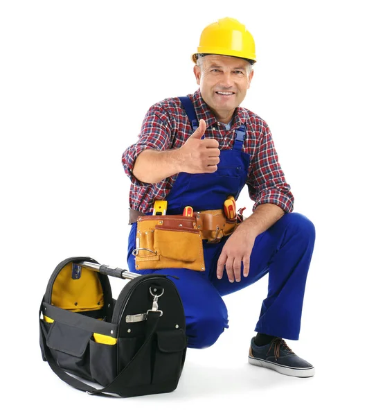 Électricien Avec Des Outils Portant Uniforme Sur Fond Blanc — Photo