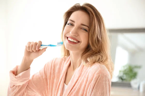 Portrait Young Woman Toothbrush Bathroom Personal Hygiene — Stock Photo, Image