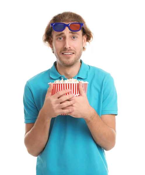Emotional Man Glasses Popcorn Cinema Show White Background — Stock Photo, Image