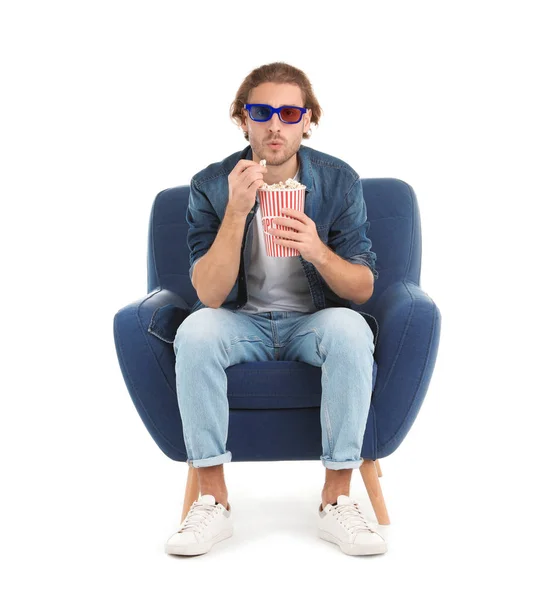 Emotional Man Glasses Popcorn Sitting Armchair Cinema Show White Background — Stock Photo, Image