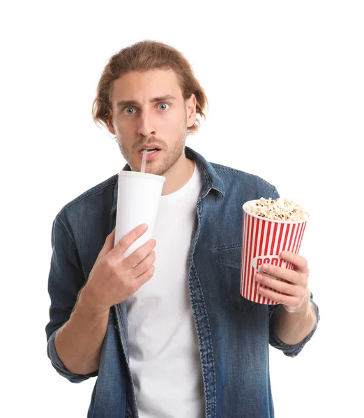 Hombre Con Palomitas Maíz Bebida Durante Espectáculo Cine Sobre Fondo — Foto de Stock