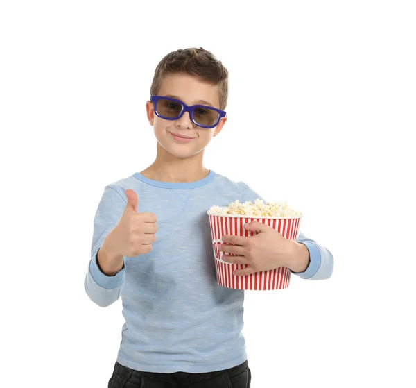 Jongen Met Bril Popcorn Tijdens Cinema Show Witte Achtergrond — Stockfoto