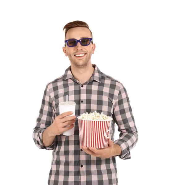 Homem Com Óculos Bebida Pipoca Durante Show Cinema Fundo Branco — Fotografia de Stock