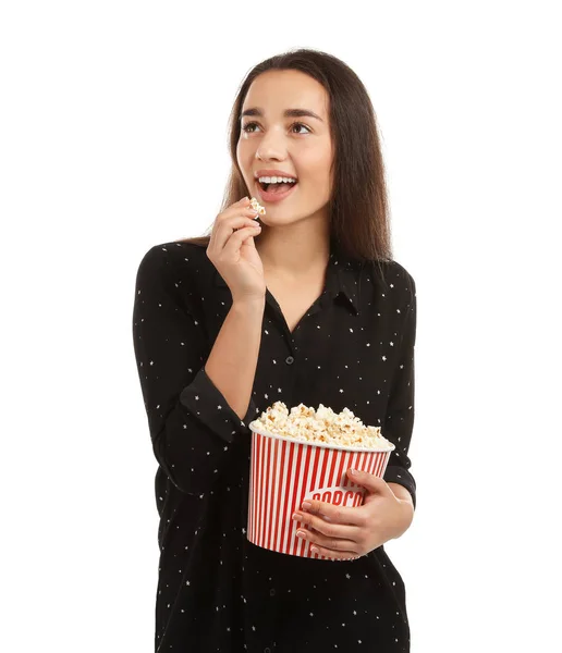 Vrouw Met Popcorn Tijdens Bioscoop Toon Witte Achtergrond — Stockfoto