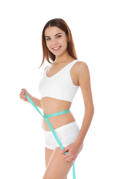 Slim Woman Measuring Her Waist White Background Weight Loss — Stock Photo, Image