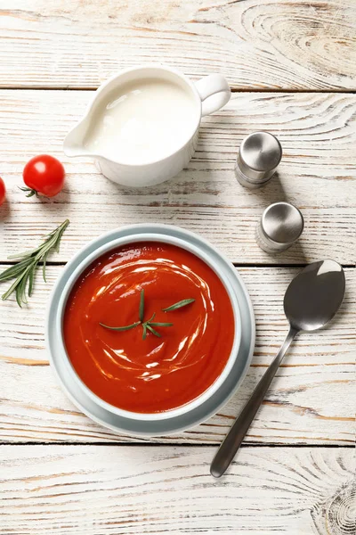 Bowl Fresh Homemade Tomato Soup Wooden Table Top View — Stock Photo, Image