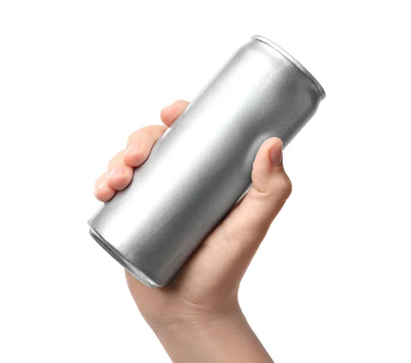 Woman Holding Aluminum Can Beverage White Background Closeup Mockup Design — Stock Photo, Image
