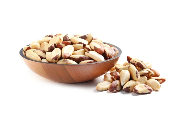 Wooden Bowl Brazil Nuts White Background — Stock Photo, Image