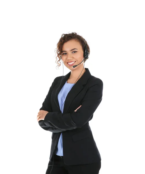 African American Technical Support Operator Headset Isolated White — Stock Photo, Image