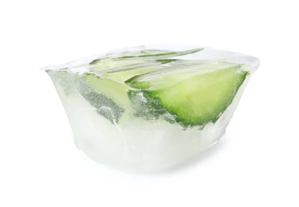 Ice Cube Cucumber Slices Rosemary White Background Stock Picture