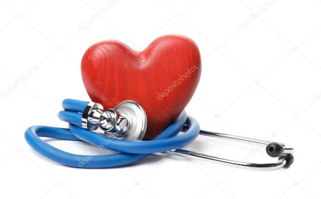 Red heart and stethoscope on white background. Cardiology concept