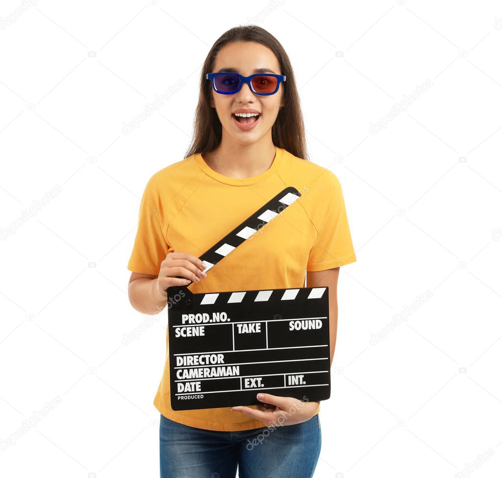 Woman with 3D glasses and clapperboard on white background. Cinema show